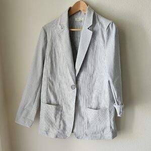 Max Studio Gray Striped Blazer relaxed fit Sz L Coastal Nautical Hamptons Travel
